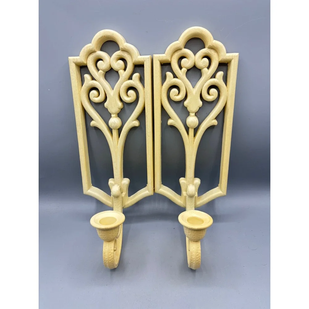 Vtg Homco Pair Ornate‎ Scroll Wall Sconces Cream Beige Candle Holder MCM